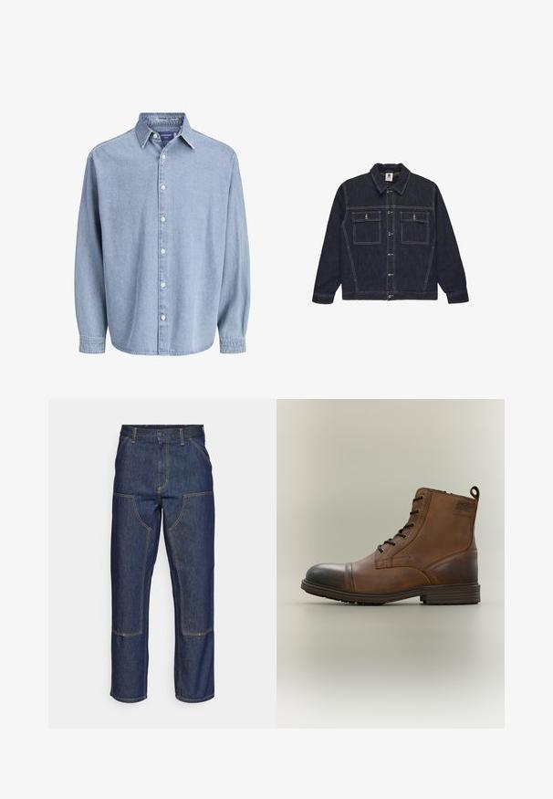 Mørk denimjakke med knaplukning foran, spredt krave, to brystlommer og kontrasterende syninger. Lange ærmer med knapper ved manchetterne.; Lysblå denim skjorte med lange ærmer og knapper, med krave og hvide knapper, præsenteret mod en helt hvid baggrund.; Mørkeblå denim jeans med høj talje, lige ben-design, kontrastsyninger og lappelommer foran.; Brun læderstøvle med snørebånd, sort tåhætte, rund sål og mærket detalje på siden mod ensfarvet baggrund.