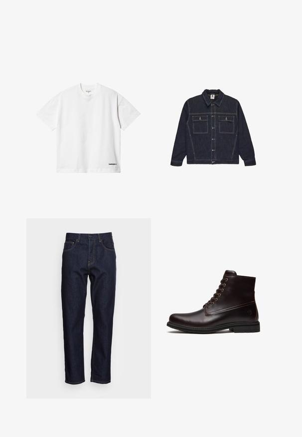 Mørk denimjakke med knaplukning foran, spredt krave, to brystlommer og kontrasterende syninger. Lange ærmer med knapper ved manchetterne.; Carhartt WIP LINK SCRIPT - T-shirts basic - white; Mørkeblå denimjeans med lige pasform, fem lommer og kontrasterende gul syning. Designet med en klassisk knap- og lynlåslukning.; Mørkebrun læder snørestøvle med gummisål og subtilt præget logo nær hælen, vist fra ydersiden.