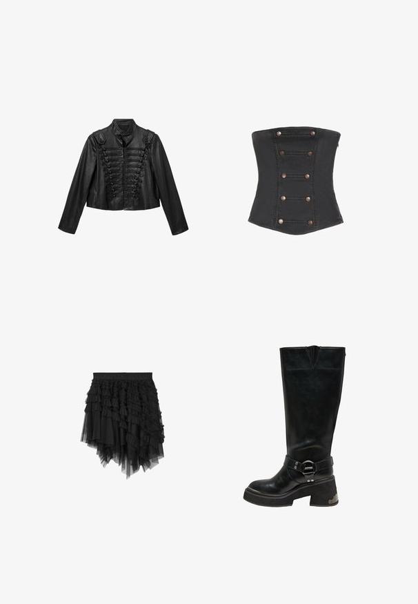 Zwarte leren cropped jack met decoratieve toggle-sluitingen, epauletten en een hoge kraag. Gladde textuur met een getailleerde pasvorm.; Zwart strapless korset met zes paar decoratieve koperen knopen, verticaal gerangschikt aan de voorkant.; Zwarte asymmetrische gelaagde tule rok met meerdere geplooide lagen en een elastische tailleband met geperste merktekst.; Zwarte leren kniehoogte laars met een stevige blokhak, zilveren ringdetail op de enkelband en metalen accent aan de hielzijde.