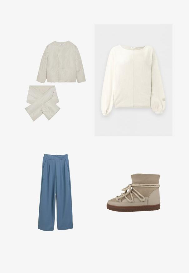 Polstret beige jakke med rund hals, lange ærmer og et matchende tørklæde i krydsform, lavet af et glat, let blankt stof.; Cremefarvet langærmet pullover med rund halsudskæring, centralsøm, oppustede manchetter og diskret logo tekst på højre ærmemanchet.; Bredskaftede bukser i et blødt, blåt stof. Har en høj, elastisk talje og læg foran. Glat tekstur uden synlige mønstre.; Beige ruskinds ankelstøvle med reb-snørebånd, polstret krave og struktureret gummisål. Har et glat læderpanel ved bunden.