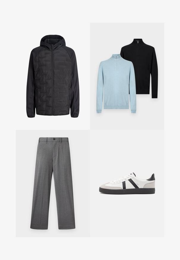 Veste hybride noire à capuche avec panneau avant matelassé, manches raglan lisses, fermeture éclair frontale et poches latérales zippées.; Deux pulls à manches longues avec demi-fermeture éclair, un bleu clair à l'avant et un noir derrière, présentés sur un fond clair uni.; Pantalon gris à jambes larges en tissu texturé, avec une fermeture à bouton, des poches latérales et des plis nets le long des jambes.; Baskets blanches avec des accents noirs et gris, présentant un embout texturé gris, une semelle en caoutchouc noir et des lacets plats blancs. Design épuré, style minimaliste.