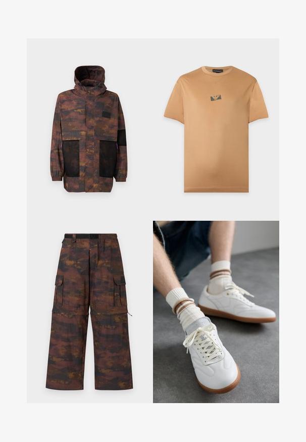 Chaqueta resistente al agua en un patrón de camuflaje marrón y negro. Presenta bolsillos de malla y una capucha con cordón. Ligera con puños elásticos.; Camiseta de manga corta de color marrón claro con un pequeño logo negro y dorado centrado en el pecho sobre un fondo claro y liso.; Pantalones cargo en un tejido marrón texturizado con un patrón abstracto desgastado. Presentan piernas anchas, cinturilla elástica y múltiples bolsillos.; Zapatillas de cuero blanco con una textura suave, detalles en gamuza gris, suelas de goma beige y cordones planos. Combinadas con calcetines a rayas en tonos crema y marrón.