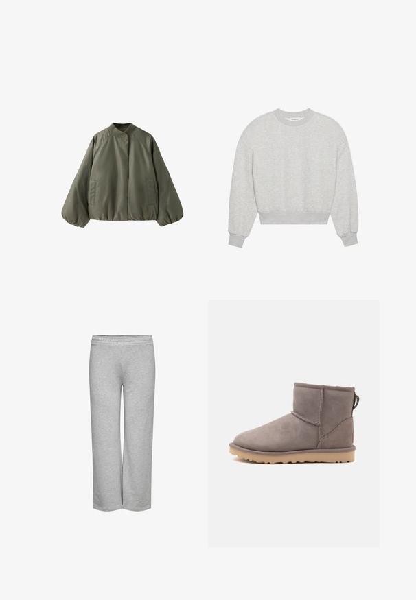 Olivengrøn bomberjakke med opretstående krave, lange oppustede ærmer, forlommer og elastisk kant og manchetter.; Grå cropped sweatshirt med rund halsudskæring, droppe skuldre, lange ærmer med ribbede manchetter, lavet af blødt bomuldsblandingsmateriale, minimal tekstur.; Grå sweatpants med bred bendesign, blød tekstur og elastisk talje, uden synlige mønstre eller hardwaredetaljer.; Lav ankel grå ruskind vinterstøvle med blødt foer og beige gummisål, vist fra siden på en ensfarvet hvid baggrund.