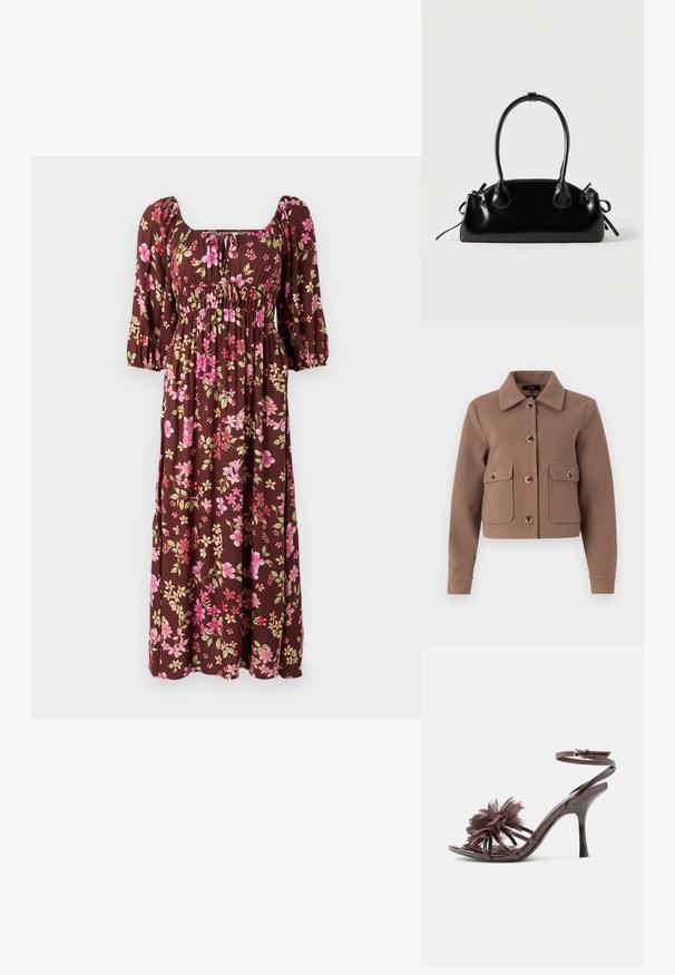 Brun, kort jakke med krave, der har store forlommer og knaplukninger. Lavet af blødt stof med en let tekstureret overflade.; Brun blomster maxi kjole med puffærmer, firkantet udskæring og rynket bodice med pink og gule blomstermønstre. Blødt stof.; Brun laklæder sandal med høje hæle, ankelrem og stor stofblomst detaljeret på forreste remme.; Lille sort blank håndtaske med to lange håndtag og snøre-detaljer i siden på en ensfarvet lys baggrund.