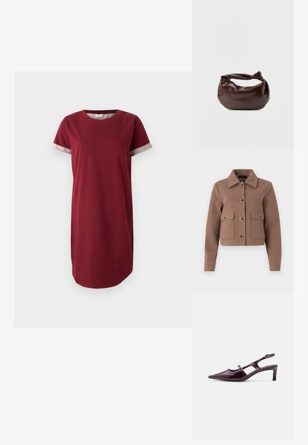 Veste brune, courte, avec un col, présentant de grandes poches avant et des fermetures à boutons. Fabriquée en tissu doux avec une finition légèrement texturée.; Robe t-shirt bordeaux en coton avec des manches courtes et des accents gris à motifs sur les poignets. Dotée d'une encolure ronde et d'une coupe droite.; Chaussure slingback en cuir verni bordeaux avec bout pointu, talon bas et double bride à boucle réglable.; Sac bandoulière en cuir marron foncé avec une forme souple et décontractée et une anse nouée torsadée sur un fond blanc uni.