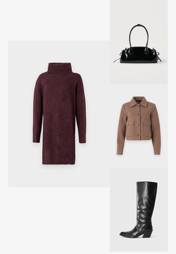 Chaqueta marrón, corta, con cuello, que presenta grandes bolsillos frontales y cierre de botones. Fabricada con un tejido suave con un acabado ligeramente texturizado.; Vestido de punto burdeos con un alto cuello acanalado, mangas largas y un corte holgado. Textura suave con un acabado ligeramente cepillado.; Bota de cuero negra hasta la rodilla con punta afilada, tacón angular y textura suave. Presenta un sutil acento de costura a lo largo del costado.; Pequeño bolso negro brillante con dos asas largas y detalles de cordón lateral sobre un fondo claro liso.