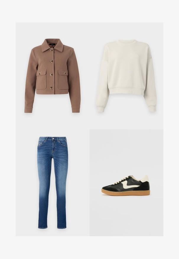 Bruine, geknipte jas met een kraag, voorzien van grote voorzakken en knoopsluitingen. Gemaakt van zachte stof met een licht gestructureerde afwerking.; Lichtbeige cropped sweatshirt met lange mouwen, geribde kraag en manchetten, zachte stofstructuur, minimalistisch design, geen zichtbare patronen of accenten.; Blauwe denim jeans met een slim fit, een middelhoge taille, vijf zakken en een lichte vervaging van bovenbeen tot zoom.; Zwarte suède en leren sneaker met een crèmekleurige zij-swoosh en lichte crèmekleurige hiel. Voorzien van beige veters en een gumrubberen zool.