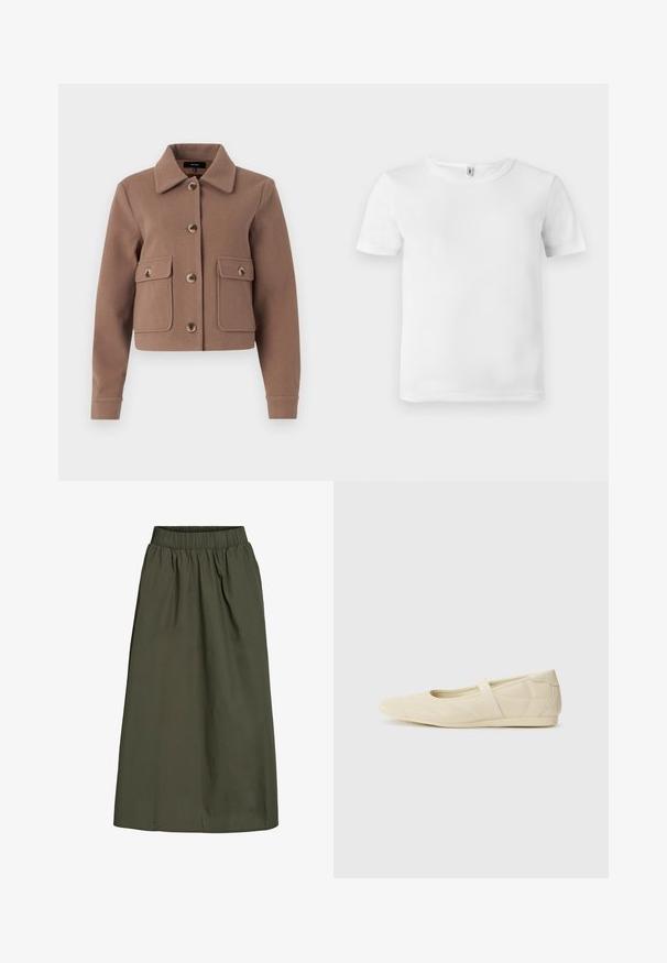 Brun, kort jakke med krave, der har store forlommer og knaplukninger. Lavet af blødt stof med en let tekstureret overflade.; Hvid kortærmet t-shirt med ribbet tekstur. Klassisk crew neckline, ingen synlige logoer eller mønstre, og et simpelt, rent design.; Olivengrøn, ankel-længde nederdel med samlet elastisk talje og en glat, let krøllet stoftekstur.; Lysebrune ballet flats med en glat læderoverflade, mandelformet tå og elastisk rem over vristen, med diskrete syninger.