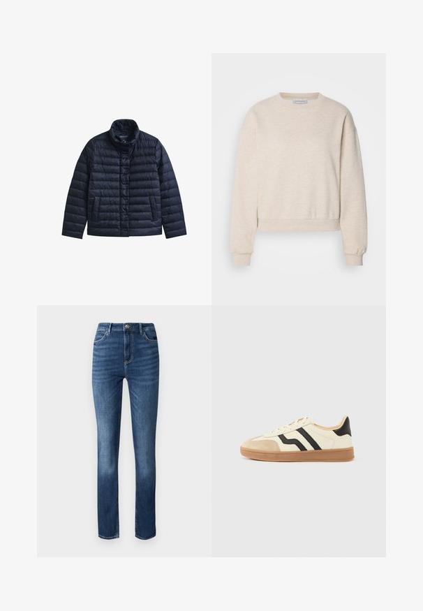 Chaqueta acolchada azul marino con cuello alto, botones a presión en la parte delantera y dos bolsillos frontales, diseñada para proporcionar calor y uso casual.; Sudadera beige clara hecha de tela suave, con un cuello redondo, costuras de hombro caídas y puños y dobladillo acanalados.; Jeans de mezclilla azul oscuro con un diseño de pierna recta, estilo de cinco bolsillos y un leve desgaste en la parte delantera para añadir textura.; Zapatillas con cordones que presentan una parte superior color crema con rayas negras y una puntera de ante, complementadas con una suela de goma marrón.
