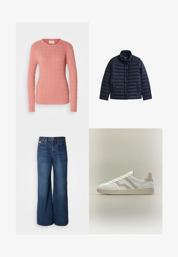 Chaqueta acolchada azul marino con cuello alto, botones a presión en la parte delantera y dos bolsillos frontales, diseñada para proporcionar calor y uso casual.; Suéter de punto trenzado en suave color rosa, con un cuello redondo y mangas largas. El patrón texturizado añade profundidad. Sutil marca en el pecho.; Vaqueros de pierna ancha hechos de denim azul oscuro. Incluyen una cintura alta, cinco bolsillos y costuras en contraste de color naranja a lo largo de las costuras.; Zapatilla blanca de caña baja con detalles beige, cordones y suela texturizada, con el nombre de la marca "GANT" en el lateral.