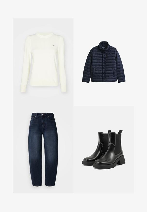 Marineblå quiltet jakke med stående krave, frontknapper med trykknapper og to forlommer, designet til varme og afslappet brug.; Lyscreme sweater, strikket tekstur, crew neck, lange ærmer, ribbede manchetter og søm. Diskret logodetalje på brystet.; Mørkeblå denimjeans med løs pasform, med høj talje, lige ben og klassisk fem-lomme design.; Sorte læder Chelsea-støvler med en kraftig hæl, elastiske sidepaneler og kontrastfarvet hvid syning. Tekstureret overflade.