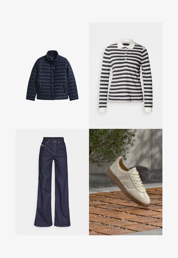 Marineblauwe doorgestikte jas met opstaande kraag, drukknopen aan de voorkant en twee voorzakken, ontworpen voor warmte en casual gebruik.; Poloshirt met lange mouwen met marineblauwe en witte strepen, gemaakt van katoen, drieknopsbies en geribbelde manchetten. Klassiek kraagontwerp.; Donkerblauwe wijde jeans van denimstof met een hoge taille, voorzien van oranje stiksels, een vijf-pocket ontwerp en een knoopsluiting.; Sneaker in roomkleur met een gestructureerde beige rubberen zool, vetersluiting en subtiele merkdetails aan de zijkant. Bovenwerk van glad leer.
