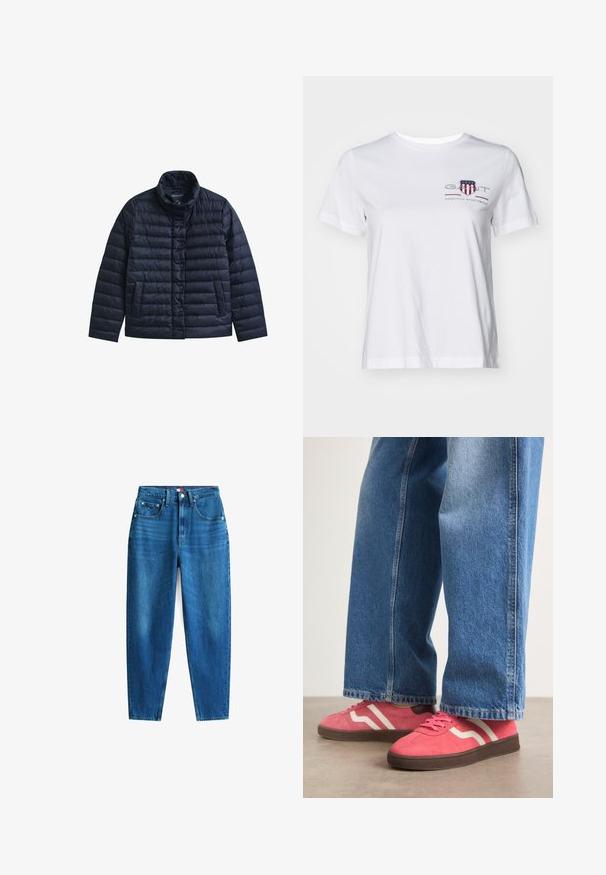 Marineblauwe doorgestikte jas met opstaande kraag, drukknopen aan de voorkant en twee voorzakken, ontworpen voor warmte en casual gebruik.; Witte katoenen t-shirt met korte mouwen, ronde hals en een rood en blauw geborduurd logo aan de linkerkant. Fijne textuur, ontspannen pasvorm.; Blauwe denim jeans met een recht model, vijf zakken, een knoop- en ritssluiting en een lichte vervaging voor textuurvariatie.; Roze suède sneakers met witte golvende strepen en bruine rubberen zolen, gecombineerd met lichtblauwe wijde denim jeans.
