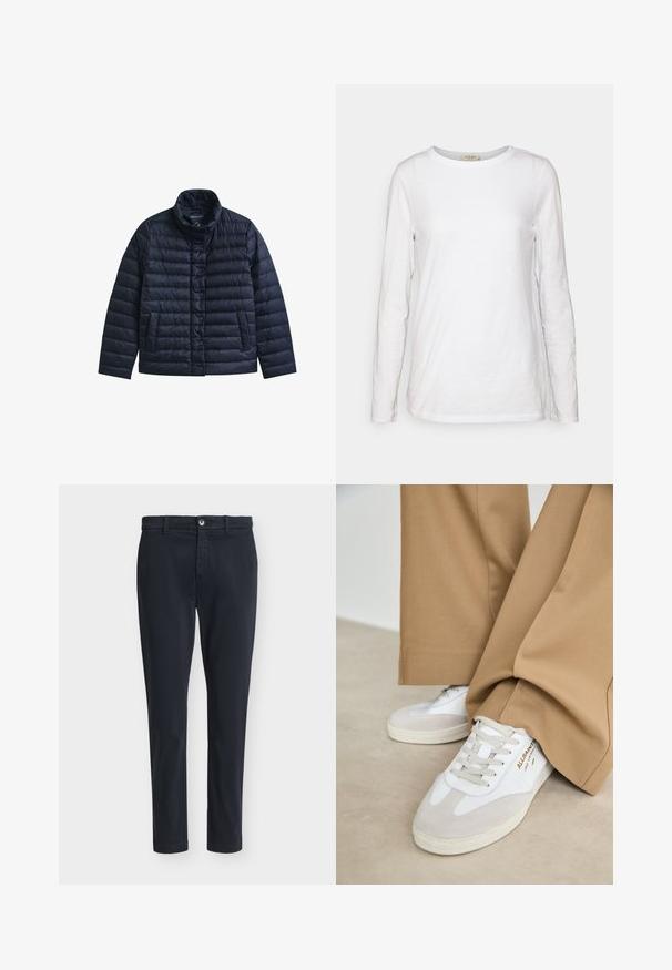 Marineblå quiltet jakke med stående krave, frontknapper med trykknapper og to forlommer, designet til varme og afslappet brug.; rag & bone THE SLUB - Langærmet T-shirt - bright white; Mørkeblå mænds slim-fit afslappede bukser med knaplukning og bæltestropper, vist på en ensfarvet lysegrå baggrund.; Hvide sneakers med ruskinddetaljer, strukturerede snørebånd og gummisål. Kombineret med løse, brune bukser. Logoet er vist på siden.