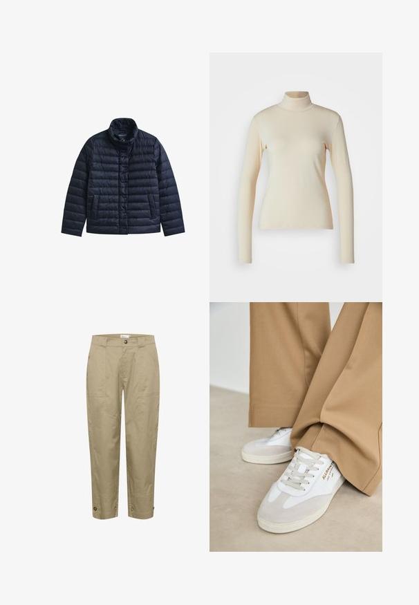 Chaqueta acolchada azul marino con cuello alto, botones a presión en la parte delantera y dos bolsillos frontales, diseñada para proporcionar calor y uso casual.; Top de manga larga de color crema con cuello alto, hecho de una tela suave y elástica; diseño ajustado con cuello alto y sin patrones o acentos visibles.; Pantalones beige, ligeros y de corte recto, con bolsillos laterales y detalles de botones en el dobladillo para un ajuste y estilo ajustables.; Zapatillas blancas con detalles de ante, cordones texturizados y suela de goma. Combinadas con un pantalón suelto en tono marrón claro. Logo exhibido en el lateral.