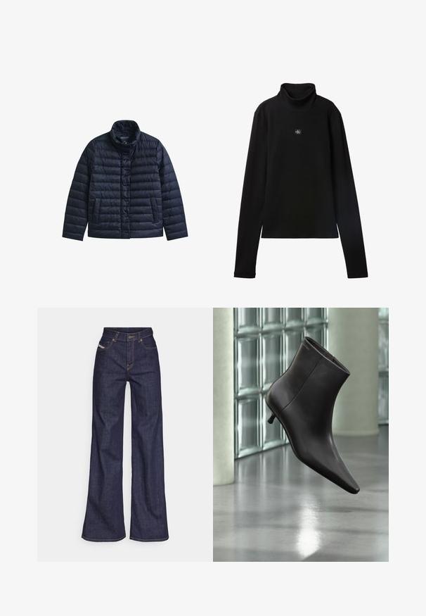 Marineblaue gesteppte Jacke mit Stehkragen, vorderen Druckknöpfen und zwei Fronttaschen, konzipiert für Wärme und legere Trageweise.; Schwarzes, geripptes Langarm-Top mit Rollkragen und kleinem quadratischem Calvin Klein Logo-Patch zentral auf der Brust.; Dunkelblaue weite Jeans aus Denimstoff mit hoher Taille, ausgestattet mit orangefarbenen Nähten, fünf Taschen und einem Knopfverschluss.; Schwarzer Leder-Knöchelstiefel mit spitzer Spitze und kleinem Absatz vor einer Wand aus Glasbausteinen und einem polierten Boden.