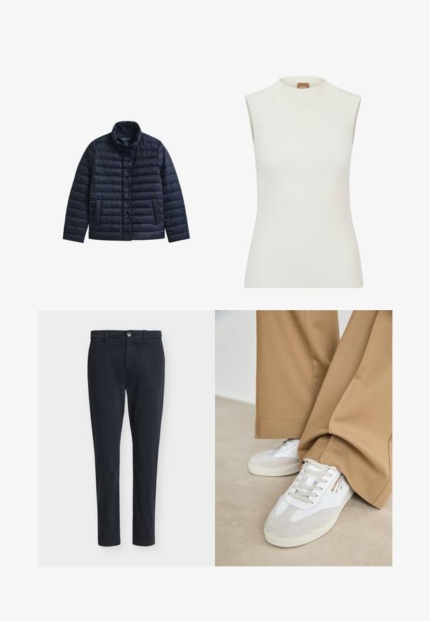 Veste matelassée bleu marine avec col montant, boutons-pression à l’avant et deux poches avant, conçue pour la chaleur et un usage décontracté.; Haut blanc sans manches avec un col montant, présentant une texture côtelée et un design ajusté. Étiquette de marque "BOSS" visible sur le col.; Pantalon décontracté slim fit pour homme en bleu marine foncé avec fermeture à boutons et passants pour ceinture, présenté sur un fond gris clair uni.; Baskets blanches avec des accents en daim, des lacets texturés et une semelle en caoutchouc. Associées à un pantalon beige ample. Logo affiché sur le côté.