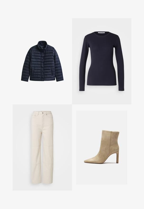 Veste matelassée bleu marine avec col montant, boutons-pression à l’avant et deux poches avant, conçue pour la chaleur et un usage décontracté.; T-shirt à manches longues navy en coton doux. Présente un col rond, une coupe ajustée et une texture côtelée. Design simple et uni.; Jean large beige clair en coton. Présente une taille haute, une fermeture à bouton à l'avant et deux accents de couture horizontaux sur les jambes.; Zign by Zalando Bottines à talons hauts - beige