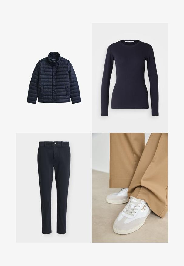 Marineblå quiltet jakke med stående krave, frontknapper med trykknapper og to forlommer, designet til varme og afslappet brug.; Marineblå langærmet T-shirt lavet af blødt bomuld. Har rund hals, tætsiddende form og ribbet tekstur. Simpelt og ensfarvet design.; Mørkeblå mænds slim-fit afslappede bukser med knaplukning og bæltestropper, vist på en ensfarvet lysegrå baggrund.; Hvide sneakers med ruskinddetaljer, strukturerede snørebånd og gummisål. Kombineret med løse, brune bukser. Logoet er vist på siden.