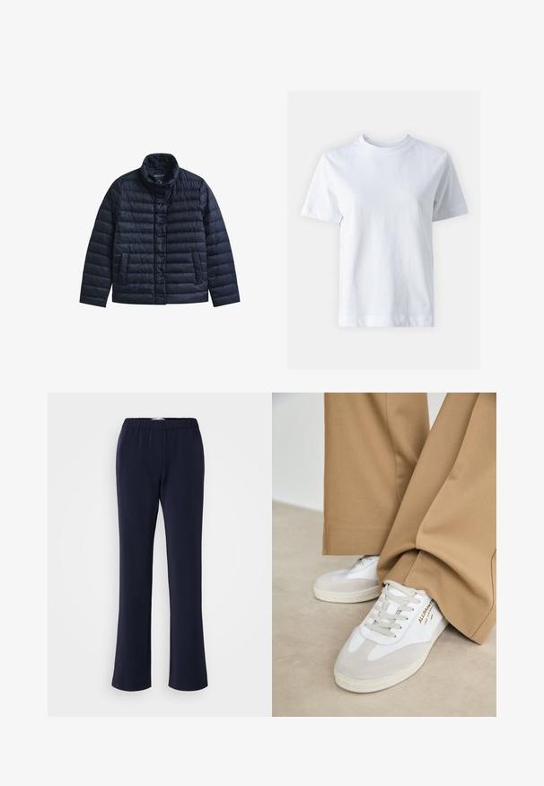 Veste matelassée bleu marine avec col montant, boutons-pression à l’avant et deux poches avant, conçue pour la chaleur et un usage décontracté.; T-shirt en coton blanc avec un col rond, manches courtes, coupe droite et texture lisse. Sans motifs ni embellissements.; Pantalon bleu marine à jambes droites en tissu extensible avec une taille élastique et deux poches avant. Texture lisse, sans motifs visibles.; Baskets blanches avec des accents en daim, des lacets texturés et une semelle en caoutchouc. Associées à un pantalon beige ample. Logo affiché sur le côté.