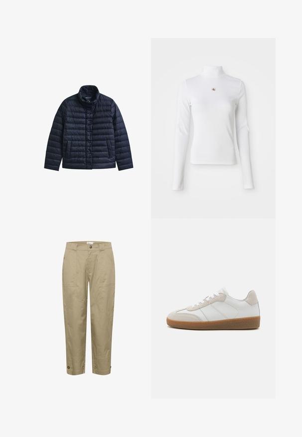 Marineblå quiltet jakke med stående krave, frontknapper med trykknapper og to forlommer, designet til varme og afslappet brug.; Langærmet, hvid turtleneck-top lavet af ribbet materiale. Har et lille broderet logo i midten. Tæt pasform uden mønstre.; Beige, lette bukser med lige pasform, der har sidelommer og knapdetaljer i kanten for justerbar pasform og stil.; Hvide lædersneakers med beige ruskindsdetaljer, struktureret tunge og gummisål. Har hvide snørebånd og diskrete stikninger.