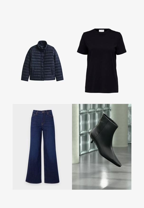 Chaqueta acolchada azul marino con cuello alto, botones a presión en la parte delantera y dos bolsillos frontales, diseñada para proporcionar calor y uso casual.; Camiseta negra de manga corta con cuello redondo, bajo recto y etiqueta blanca en la parte trasera del interior del cuello.; Jeans de pierna ancha de un azul oscuro, hechos de denim, con una cintura alta, diseño de cinco bolsillos y costuras naranjas contrastantes a lo largo de las costuras.; Botín negro de cuero con punta puntiaguda y tacón bajo estilo kitten, mostrado en ángulo sobre un suelo pulido y con una pared de bloques de vidrio de fondo.