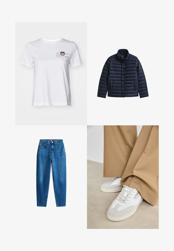 Veste matelassée bleu marine avec col montant, boutons-pression à l’avant et deux poches avant, conçue pour la chaleur et un usage décontracté.; T-shirt en coton blanc à manches courtes, col rond, avec un logo brodé rouge et bleu sur le côté gauche. Texture lisse, coupe décontractée.; Jeans en denim bleu avec une coupe droite, cinq poches, une fermeture à bouton et zip, et légère décoloration pour une variation de texture.; Baskets blanches avec des accents en daim, des lacets texturés et une semelle en caoutchouc. Associées à un pantalon beige ample. Logo affiché sur le côté.