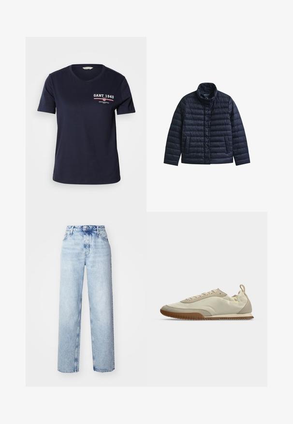 Chaqueta acolchada azul marino con cuello alto, botones a presión en la parte delantera y dos bolsillos frontales, diseñada para proporcionar calor y uso casual.; Camiseta de algodón azul marino con escote en V y mangas cortas, que presenta el texto del logo en blanco y rojo "GANT 1949" y detalles de diseño en el lado izquierdo del pecho.; Jeans de tiro alto color azul claro con un corte holgado, que cuentan con piernas rectas, cinco bolsillos y un cierre clásico de botones y cremallera.; Zapatilla de perfil bajo en beige con cordones blancos, detalles en ante, suela de goma marrón y pestaña para tirar en el talón.