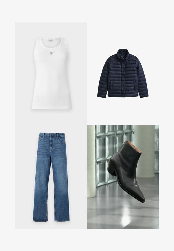 Veste matelassée bleu marine avec col montant, boutons-pression à l’avant et deux poches avant, conçue pour la chaleur et un usage décontracté.; Débardeur blanc en tissu côtelé, avec un col rond et une étiquette rectangulaire avec "JOOP! JEANS" sur le devant.; Jean denim bleu taille haute avec une coupe large, présentant une texture lisse, des détails de couture minimaux et un style classique à cinq poches.; Bottine en cuir noir avec un bout pointu et un talon carré lévitant au-dessus d'un sol gris réfléchissant près d'un mur en blocs de verre.