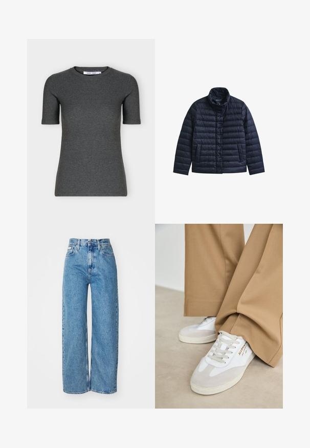 Veste matelassée bleu marine avec col montant, boutons-pression à l’avant et deux poches avant, conçue pour la chaleur et un usage décontracté.; T-shirt tricoté gris foncé à manches courtes, col rond, coupe ajustée et design uni présenté sur fond blanc.; Jean large en denim bleu clair avec taille haute, ourlet effiloché et design à cinq poches. La texture usée ajoute de la profondeur au tissu.; Baskets blanches avec des accents en daim, des lacets texturés et une semelle en caoutchouc. Associées à un pantalon beige ample. Logo affiché sur le côté.
