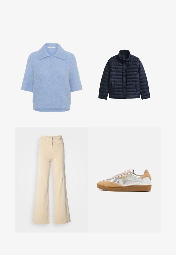 Marineblauwe doorgestikte jas met opstaande kraag, drukknopen aan de voorkant en twee voorzakken, ontworpen voor warmte en casual gebruik.; Lichtblauwe, kortebloemige gebreide top met een kraag en een vijfknopenlijst. Zachte textuur met een iets boxy pasvorm en geribbelde zoom.; Beige wijde jeans met hoge taille, voorzakken en contrasterende stiksels, met een knoopsluiting en een zachte katoenen textuur.; Zilveren en tan suède sneakers met een gestructureerde rubberen zool, beige veters en een gele logo-print aan de zijkant.