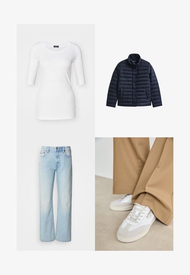 Veste matelassée bleu marine avec col montant, boutons-pression à l’avant et deux poches avant, conçue pour la chaleur et un usage décontracté.; T-shirt ajusté blanc avec des manches trois quarts, texture douce, encolure ronde et un détail d'accent sur le côté près de l'ourlet.; Jeans à jambes larges bleu clair en denim, présentant un design classique à cinq poches et une texture légèrement décolorée. La couture en denim est visible.; Baskets blanches avec des accents en daim, des lacets texturés et une semelle en caoutchouc. Associées à un pantalon beige ample. Logo affiché sur le côté.