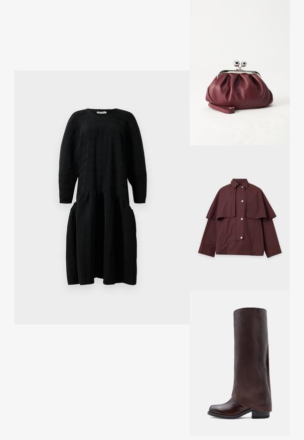 Chaqueta marrón oscuro con botones, con una amplia capa sobre los hombros, mangas largas, cuello y dos bolsillos laterales, extendida sobre fondo blanco.; Vestido midi negro con textura, de mangas largas, cintura fruncida y escote redondo, exhibido sobre un fondo blanco.; Bota de cuero marrón oscuro hasta la rodilla con tacón bajo y punta redondeada, mostrada en perfil lateral sobre un fondo blanco.; Pequeño bolso de mano de cuero burdeos con cierre metálico plateado y correa de muñeca sobre un fondo blanco.