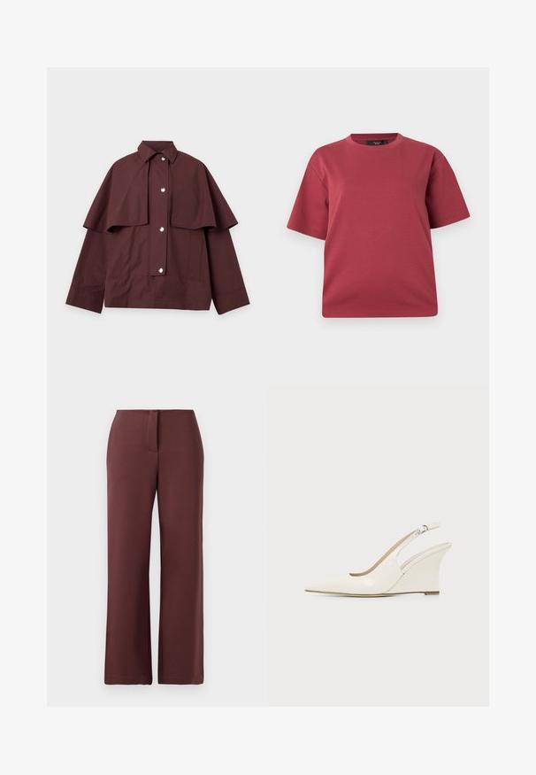 Chaqueta marrón oscuro con botones, con una amplia capa sobre los hombros, mangas largas, cuello y dos bolsillos laterales, extendida sobre fondo blanco.; Camiseta de manga corta con cuello redondo en rosa polvoriento, de corte holgado, mostrada sobre un fondo blanco liso.; Pantalones de pierna ancha burdeos confeccionados en una tela suave, con cierre de cremallera, ajuste entallado y líneas limpias para una apariencia estructurada.; Zapato blanco de cuña con tiras traseras de charol, punta puntiaguda y correa ajustable con hebilla sobre fondo liso.