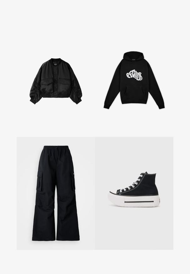 Čierna skrátená bomber bunda s prednými vreckami na chlopne, rebrovanými manžetami a golierom, zobrazená na bielom pozadí.; Pegador PALUMA OVERSIZED HOODIE - Mikina - black; Čierne cargo nohavice so širokými nohavicami, elastickým pásom, nastaviteľnou šnúrkou a dvoma bočnými vreckami. Vyrobené z hladkej, ľahkej tkaniny.; Čierne vysoké tenisky vyrobené z plátna, s bielym šitím, gumenou špičkou, hrubou bielou platformou a čiernym pruhom.