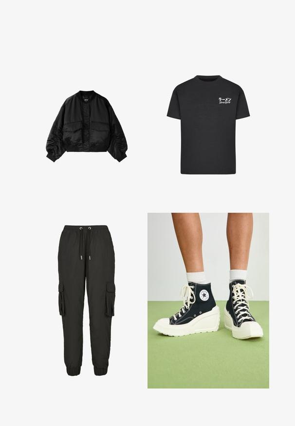 Veste bomber noire courte avec poches avant à rabat, poignets et col côtelés, présentée sur fond blanc.; T-shirt noir en coton avec un col rond. Présente du texte blanc, y compris des caractères japonais et les mots "Slurp Away" sur la zone gauche de la poitrine.; Pantalons cargo noirs en tissu léger, dotés d'une taille élastique, d'un cordon de serrage ajustable, de poches latérales et de poignets côtelés.; Baskets montantes noires avec une semelle plateforme blanche surélevée, dotées de lacets blancs et d'un logo arrondi sur le côté. Matériau en toile texturée.