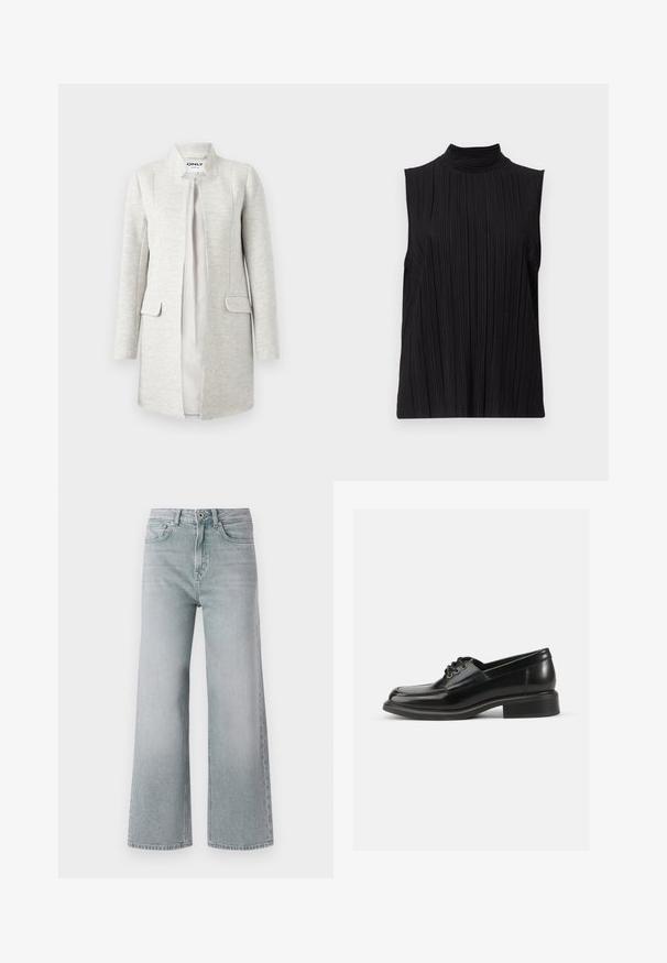 Blazer largo gris claro sin cuello, con bolsillos delanteros y forro interior suave; tela texturizada con patrón sutil.; Top negro sin mangas con cuello alto, que presenta una textura de pliegues verticales. La tela parece suave con un ligero brillo.; Jeans de pierna ancha gris claro, hechos de mezclilla con un acabado desgastado. Presentan cinco bolsillos, pasadores para cinturón y un cierre con botón delantero.; Zapato de dress de cuero negro con textura suave, puntera redondeada, dos ojales para cordones y un sólido tacón cuadrado. Diseño simple sin patrones.