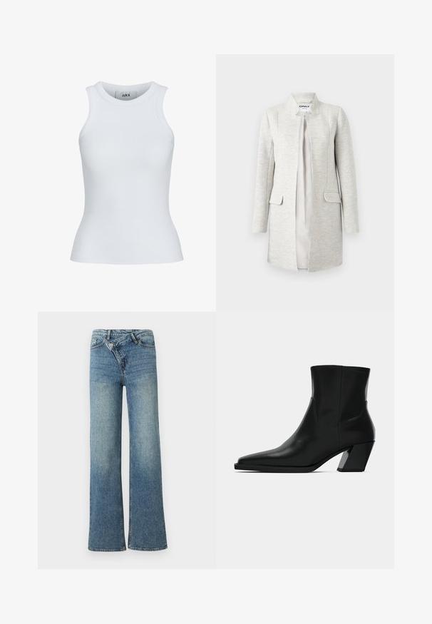 Hellgrauer, langer Blazer mit kragenlosem Design, vorderen Taschen und einem glatten Innenfutter; strukturierter Stoff mit dezentem Muster.; Weißes, geripptes Tanktop mit runder Ausschnittform und ärmellosem Design. Hat eine Slim-Fit-Passform und eine weiche Textur, ideal zum Lagenlook.; Hellblaue Jeans aus Denim mit weitem Bein, hoher Taille, leichter Verblassung und Knopfverschluss vorne. Verfügt über fünf Taschen und minimale Nähte.; Schwarze Leder-Stiefelette mit spitzem Zeh, schlanker Silhouette und klobigem quadratischem Absatz. Glatte Textur mit minimalen Nähdetails.
