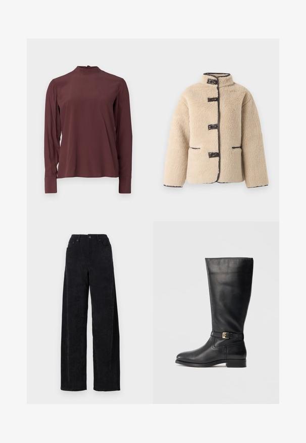 Veste en fausse fourrure couleur crème avec un col montant, fermeture à boutons et bordure sombre. Comprend deux poches avant et une silhouette carrée.; Blouse bordeaux à manches longues avec un col montant, un léger éclat et une fermeture à boutons dans le dos. Tissu lisse et manches ajustées.; Pantalon large en corduroy noir avec taille haute, doté de deux poches avant et d'une texture à côtes verticales subtile.; Bottes noires en cuir, arrivant jusqu'au genou, avec une texture lisse, un petit détail de boucle en or, un bout rond et un talon bas empilé. Design simple et épuré.