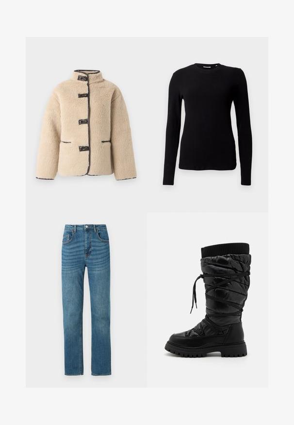 Veste en fausse fourrure couleur crème avec un col montant, fermeture à boutons et bordure sombre. Comprend deux poches avant et une silhouette carrée.; Haut noir à manches longues en maille côtelée avec un col rond et une coupe ajustée, présentant une texture douce et un design sans coutures.; Jean bleu droit avec cinq poches, fermeture par bouton et motifs subtils d'usure horizontale sur le haut devant.; Bottes noires montantes en cuir avec une texture matelassée, dotées d'un laçage, d'un revers côtelé contrastant en haut et d'une semelle épaisse et robuste.