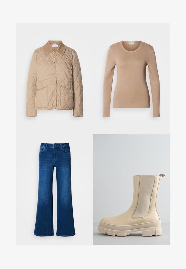 Beige gewatteerde jas met knopen, twee opgestikte zakken en een contrasterende ribbelkraag.; Langwerpige top in lichtbeige, met een ronde halslijn en een slim fit. Gemaakt van zachte, rekbare stof met een subtiele textuur. Klein logo-detail op de zoom.; Blauwe denim wijde broek met hoge taille, heeft vijf zakken, knoop- en ritsluiting, en een gladde, gelijkmatige textuur.; Beige leren midkuitlaars met grove, gestructureerde zool en elastisch zijpaneel.