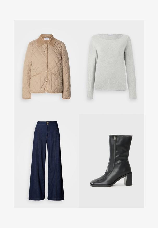 Veste matelassée beige avec fermeture à boutons, deux poches à rabat et un col en velours côtelé contrastant.; Chemise à manches longues gris clair en tissu doux, avec un col rond et une coupe décontractée, présentant une texture lisse et sans motifs visibles.; Jean à jambes larges en denim foncé avec des surpiqûres orange contrastantes, deux poches avant et une fermeture à double bouton à la taille.; Bottine en cuir noir avec un bout carré, fermeture éclair sur le côté et un talon épais et carré. Présente des coutures contrastées le long de la couture avant.
