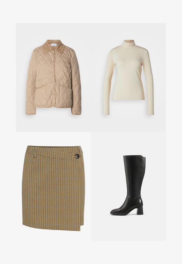 Beige kviltet jakke med knapfront, to stiklommer og en kontrasterende kordfløjlskrave.; Cremefarvet langærmet turtleneck top lavet af glat, strækbart stof; tætsiddende design med høj hals og ingen synlige mønstre eller detaljer.; Brun og gulternet nederdel med blå detaljer. Har en lige skæring, sidelukning med knapper og glat tekstur.; Sort knæhøj læderstøvle med blokhæl og rundet tå, vist fra siden på en ensfarvet baggrund.