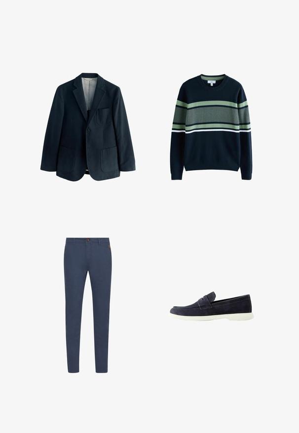 Blazer de lana azul marino con solapas de pico, cierre de un solo botón y dos grandes bolsillos frontales. Forro interior suave y detalles mínimos.; Jersey azul marino con cuello redondo y rayas horizontales en verde claro, blanco y azul oscuro cruzando el pecho y las mangas.; Pantalones de algodón azul marino con corte slim, con un botón marrón, bolsillos frontales y costuras simples. Textura suave, sin patrones visibles.; Mocasín azul marino de ante con suela de goma blanca y costura moc toe, diseñado para uso casual o informal elegante.