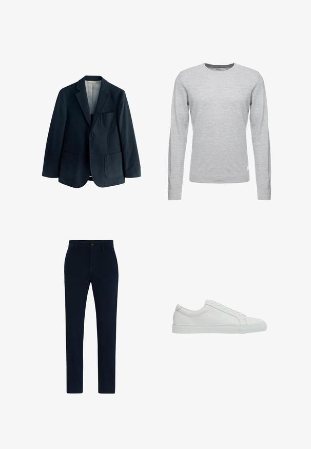 Marineblauwe wollen blazer met notch-lapels, enkele knoopsluiting en twee grote frontzakken. Gladde binnenvoering en minimalistische afwerking.; Lichtgrijze trui, lange mouw, ronde hals, zachte textuur, minimalistisch ontwerp, klein logolabel op de linkeronderzoom.; Marineblauwe chino's gemaakt van een zachte, duurzame stof. Voorzien van een knoopsluiting, riemlussen en een recht gesneden ontwerp. Geen zichtbare patronen.; Reiss REGULAR FIT - LUCA TUMBLED - Sneakers laag - white