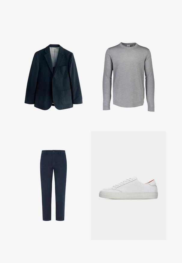 Marine uld blazer med notch lapels, enkelt knaplukning og to store frontlommer. Glat inderside og minimal detaljer.; Lindbergh CREW NECK - Striktrøje - grey mel; Marineblå bomulds-chinos med knaplukning, lige ben og en glat tekstur. Har sidelommer og en enkelt baglomme.; Hvid lavtop lædersneaker med snørelukning, tyk sål og minimal syningsdetalje på en ensartet lys baggrund.