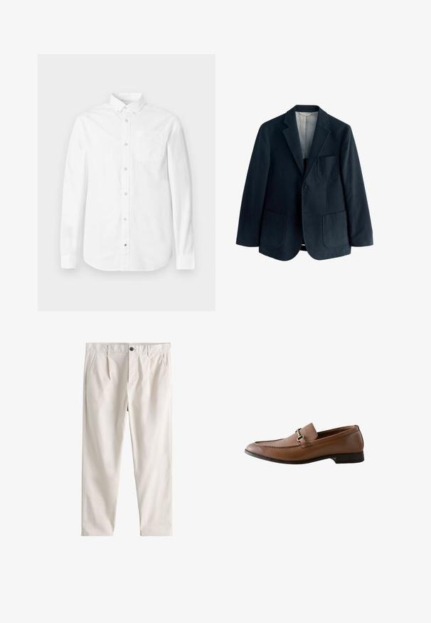 Marineblauer Wollblazer mit Reverskragen, einer einzelnen Knopfverschluss und zwei großen Fronttaschen. Glattes Innenfutter und minimalistische Details.; Weißes Langarmhemd aus Baumwolle. Verfügt über einen Button-Down-Kragen, eine Brusttasche und eine dezente Textur. Gerade Saumlinie mit Knopfverschlüssen.; Herren beige gerade geschnittene Hose mit vorderen Falten, Seitentaschen, Gürtelschlaufen und einem Knopf mit Reißverschluss.; Brauner Herren-Slipper aus Leder und Stoff mit Metallspange und niedrigem schwarzem Absatz, seitlich auf weißem Hintergrund dargestellt.