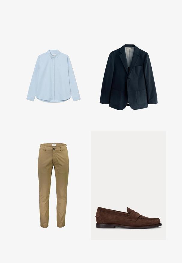 Marineblauwe wollen blazer met notch-lapels, enkele knoopsluiting en twee grote frontzakken. Gladde binnenvoering en minimalistische afwerking.; Lichtblauwe lange mouwen overhemd met knoopsluiting en een puntige kraag, enkel borstlogo en afgeronde zoom. Gemaakt van gladde stof met een effen textuur.; Lindbergh SUPERFLEX CHINO PANTS - Chino - deep sand; Bruine suède penny loafer met lage hak en zichtbare stiksels langs de neus, zijkant en achterkant, weergegeven op een effen lichte achtergrond.