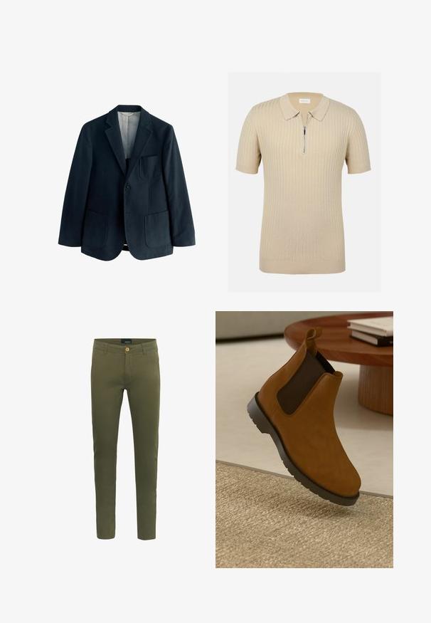 Marineblauer Wollblazer mit Reverskragen, einer einzelnen Knopfverschluss und zwei großen Fronttaschen. Glattes Innenfutter und minimalistische Details.; Kurzärmeliges Polohemd in Beige, mit gerippter Textur und einem Reißverschlusskragen zur Schließung. Weicher Stoff mit subtilen Musterdetails.; Olivgrüne Hosen aus weichem Baumwollgemisch mit vorderem Knopfverschluss, Gürtelschlaufen und slim fit Design.; Braune Chelsea-Stiefel aus Leder mit schwarzen elastischen Seiteneinsätzen, runder Spitze, strukturiertem Gummisohle und einer kleinen Schlaufe an der Rückseite.