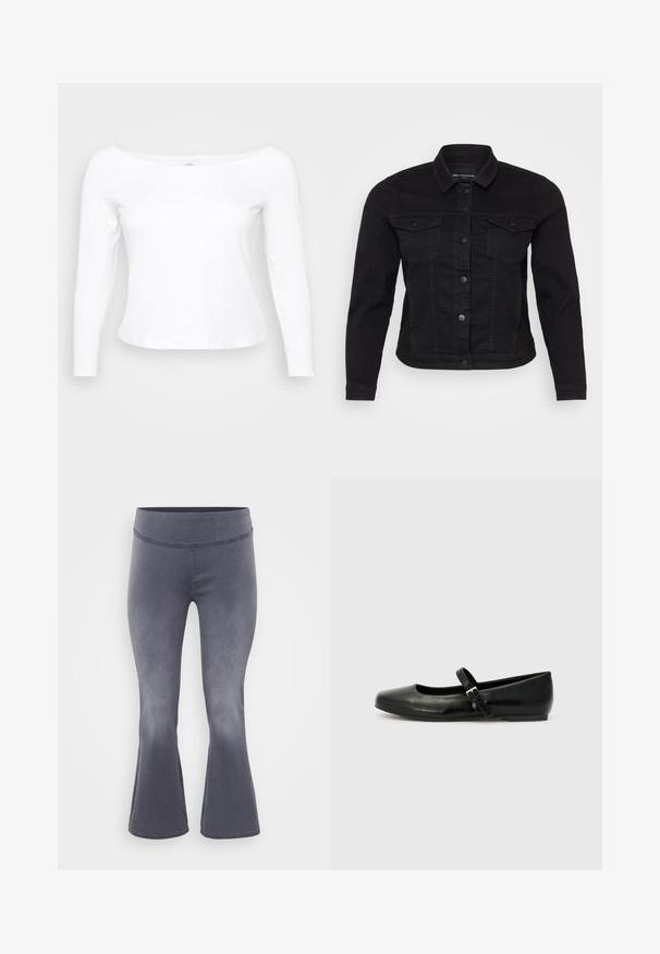 Sort denimjakke med klassisk krave, frontknaplukning, to brystlommer og stikninger.; Hvid langærmet skjorte med bred halsudskæring, lavet af blødt og glat materiale. Har et tætsiddende design og en cropped kant.; Grå flagrende bukser med en bred talje. Glat stof med en let glans, der falmer fra mørkt i toppen til lysere mod bunden.; Sorte læder balletflade med rund tå, flad sål og en tynd justerbar rem over svangen med en metalspænde.